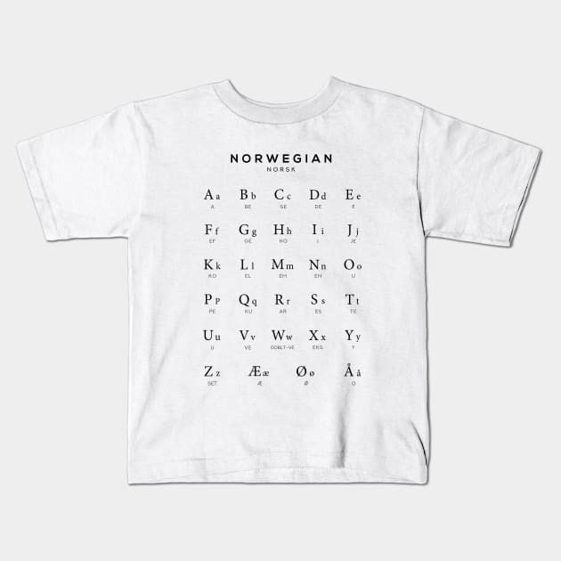 Norwegian Alphabet Chart, Norway Language Chart, White Kids T-Shirt by typelab